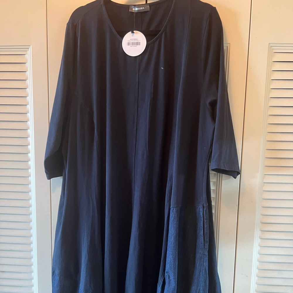 Blue Long Sleeve Crew Neck Midi dress